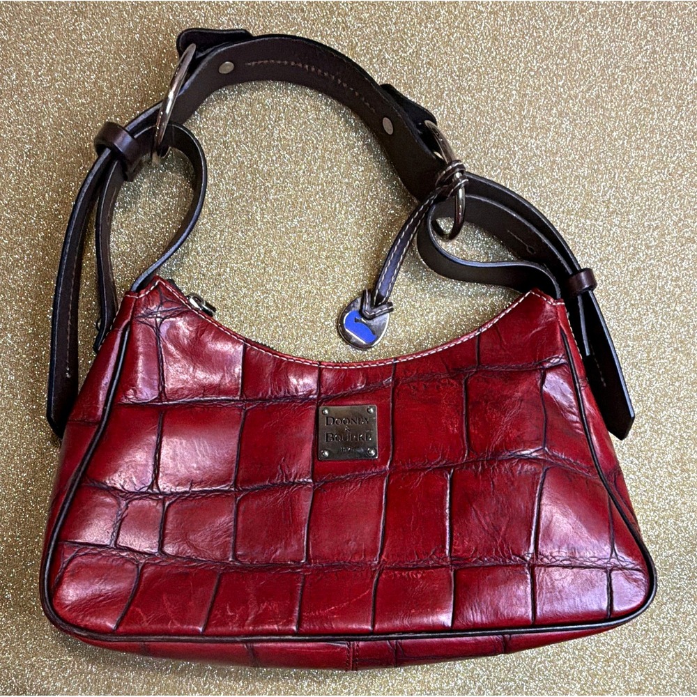 Dooney & Bourke Red Croc Print Embossed Shoulder Bag Zip Brown Strap
